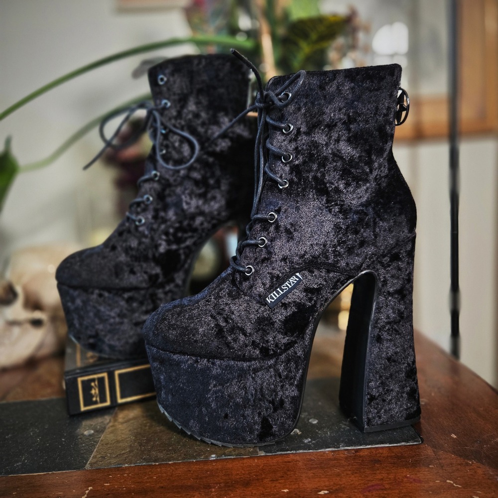 Killstar Hell-O Boots Black Crushed Velvet Rare‎ Platform Pentagram Lace Goth 9